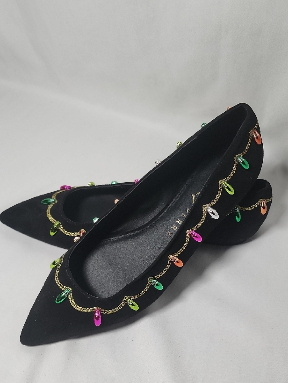 Katy Perry Collections Black Pointed Flats with Multicolor Bead Chain